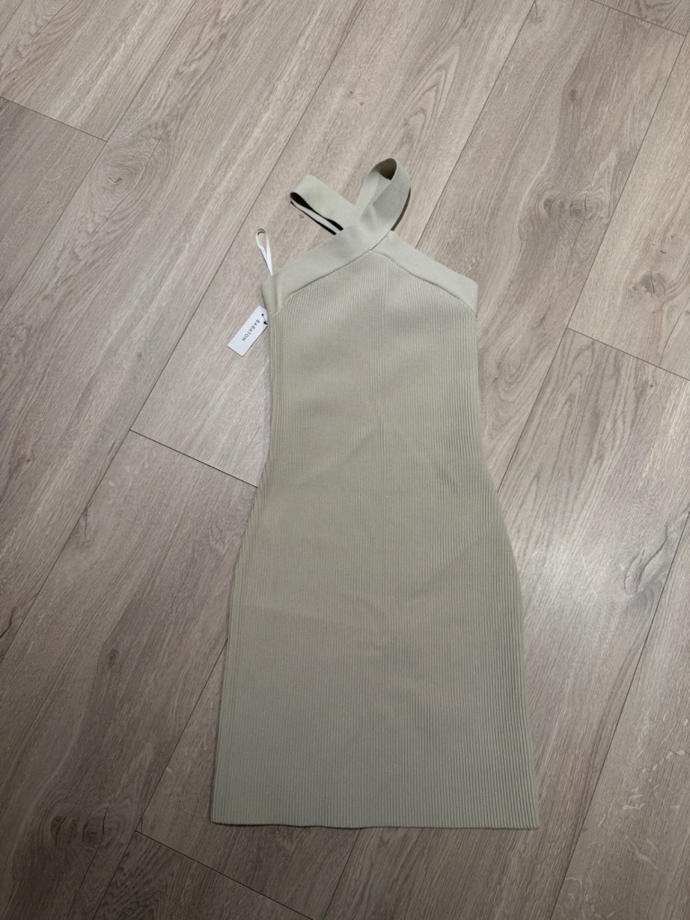 Aritzia BABATON Size S - Cream Dress High Cross Neck Bandage Stretch Mini NWT